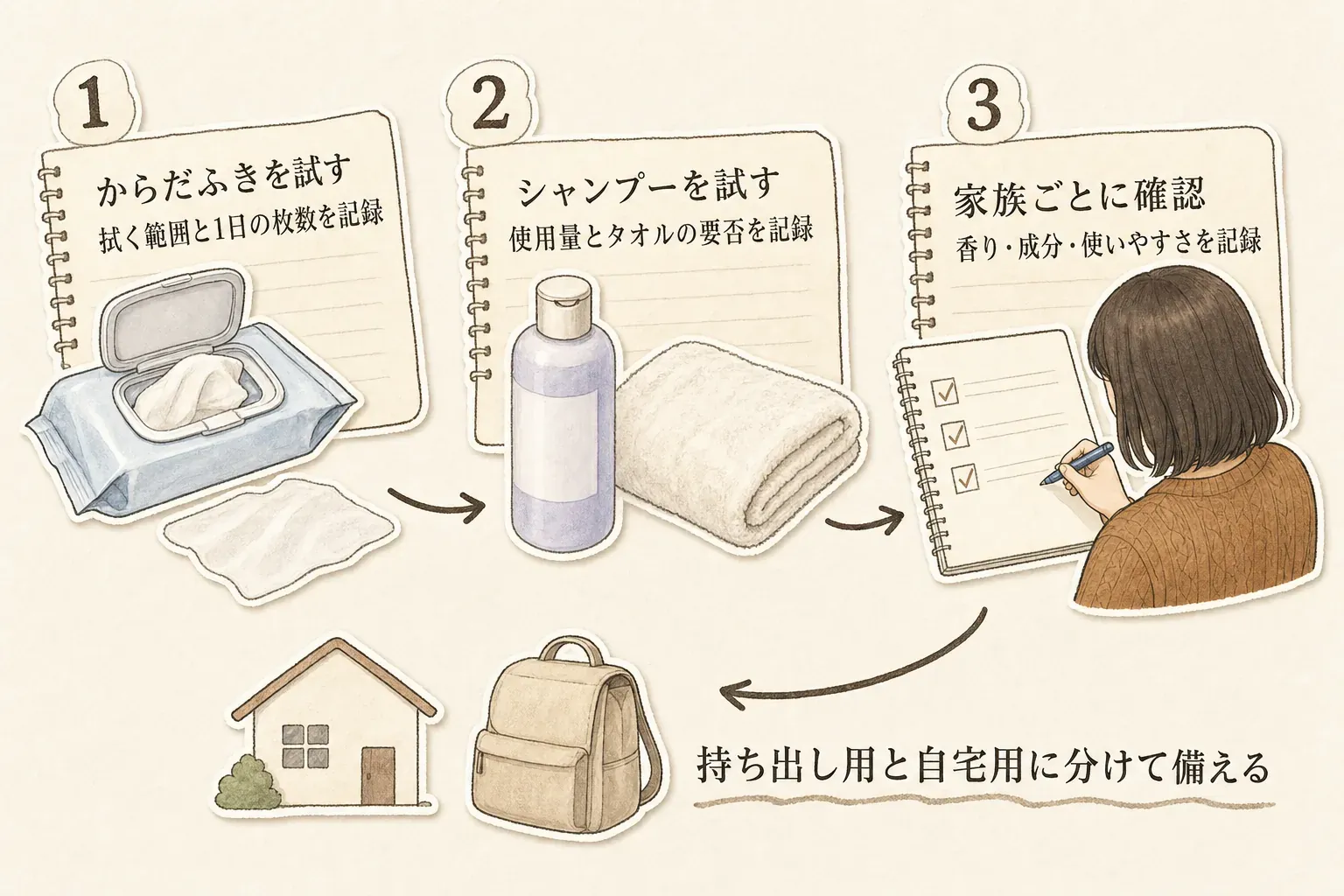 断水用の衛生用品を平時に試して備える3段階の図。からだふきは拭く範囲と1日の枚数を記録し、水のいらないシャンプーは使用量とタオルの要否を記録する。家族ごとに香り・成分・使いやすさを確認し、持ち出し用と自宅用に分けて備える流れを示している