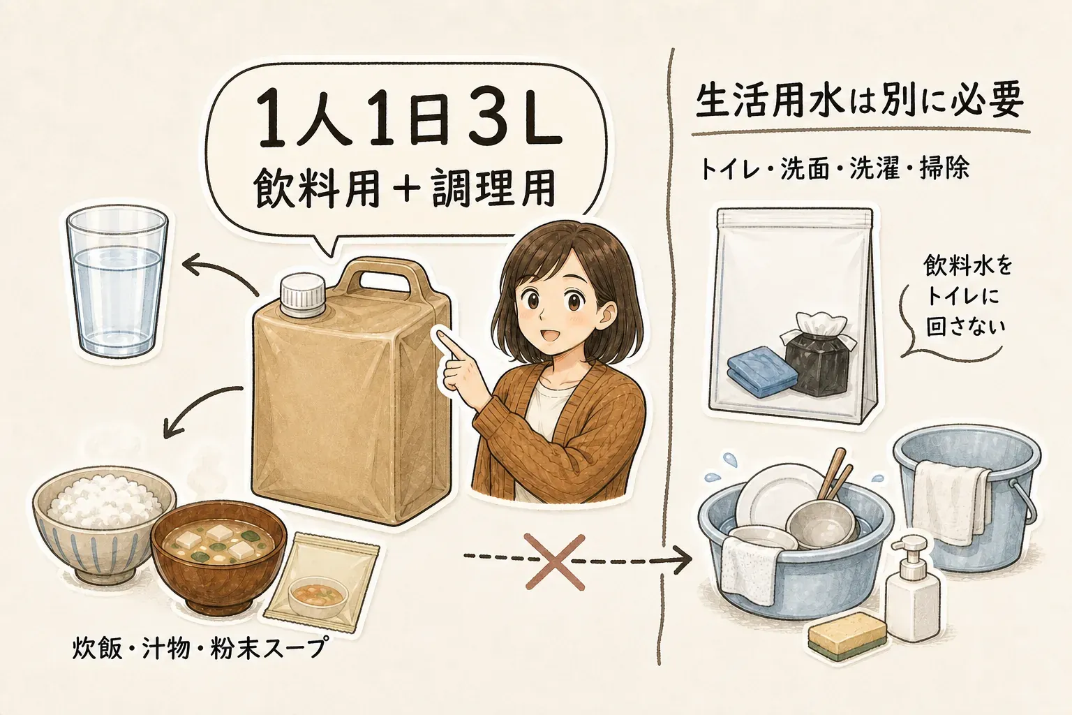 1人1日3リットルの備蓄水は飲料用と炊飯・汁物・粉末スープなどの調理用であり、トイレ・洗面・洗濯・掃除の生活用水は別に必要であることを示す図。飲料水をトイレに回さないよう案内している