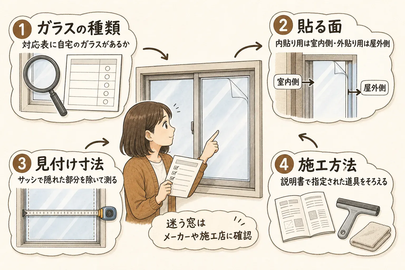飛散防止フィルムの施工前に、対応表でガラスの種類を確認し、内貼り用は室内側・外貼り用は屋外側へ貼り、サッシで隠れた部分を除く見付け寸法を測り、説明書で指定された道具と施工方法を確認する4項目の図。迷う場合はメーカーや施工店へ確認する