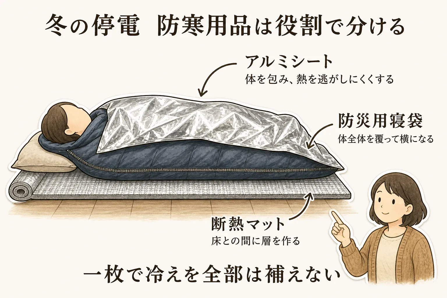 アルミシート・防災用寝袋・断熱マットの役割を比べる図。アルミシートは体を包んで風や放熱への一時的な備えにし、寝袋は体全体を覆って就寝中の保温を考え、断熱マットは床との間に層を作る。出典：内閣府「避難場所の防寒対策に関する資料」