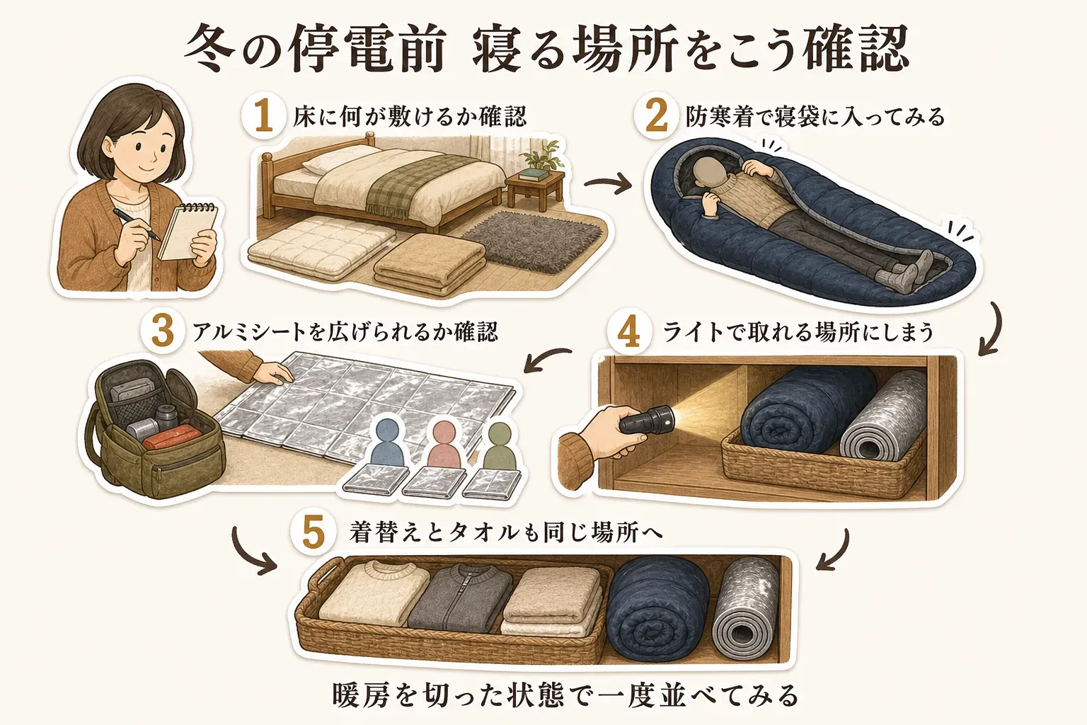 冬の停電前に寝る場所を確認する5項目の図。床に敷ける物、防寒着を着て寝袋に入ったときの足元・首元のすきま、非常持ち出し袋のアルミシートと家族人数分の数、寝袋とマットを懐中電灯で取り出せる収納場所、着替えとタオルの置き場所を順に確認する